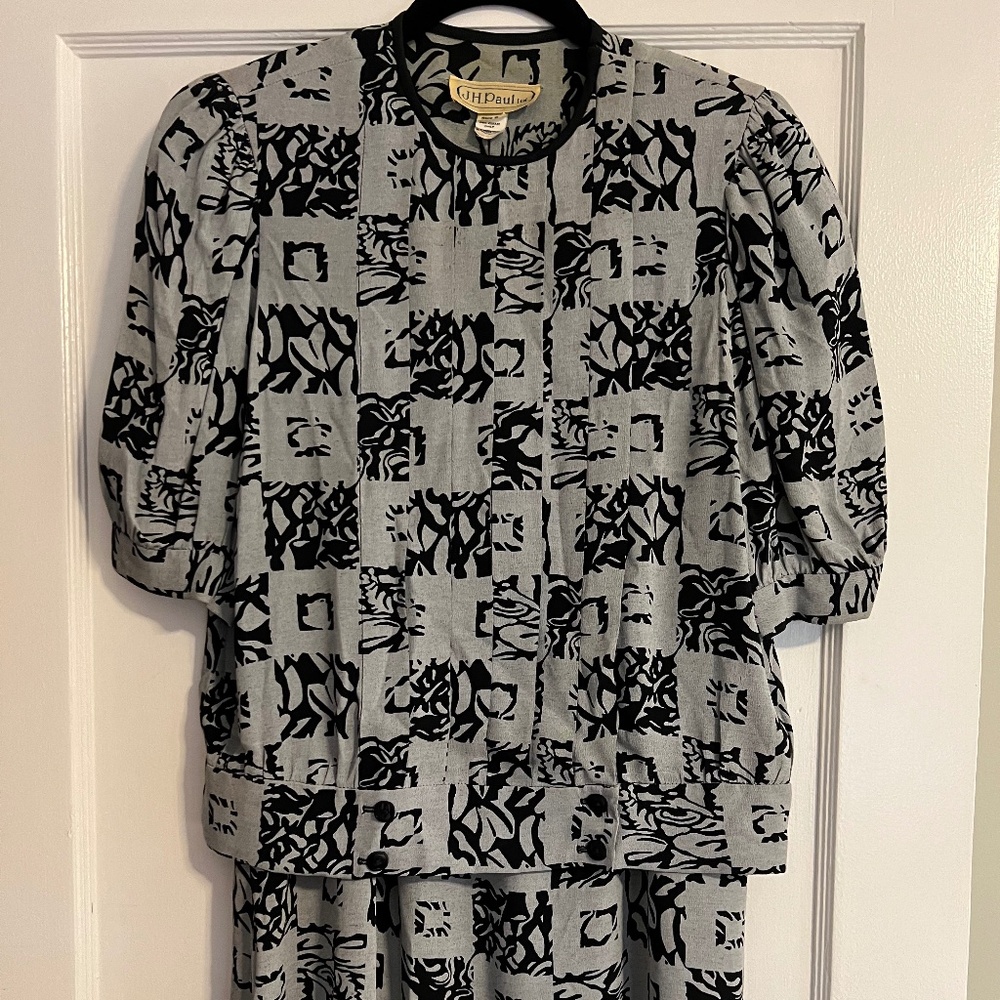 80s Vintage 2-Piece Dress, Black & Grey Print, Size 8